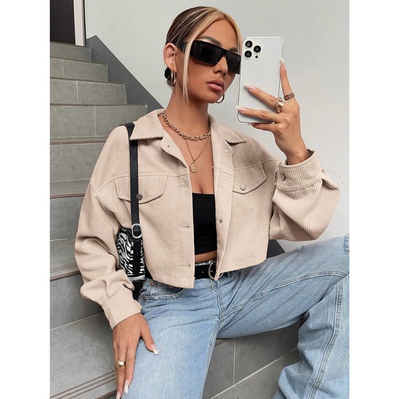 Minimalist Drop Shoulder Crop Corduroy Jacket shacket coat - Picture 7 of 11